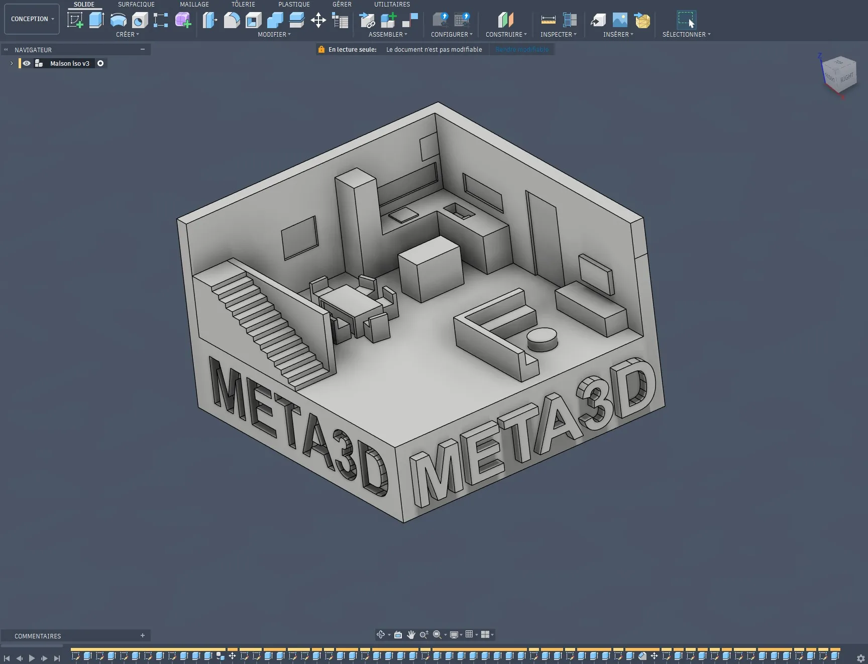 Maquette architecturale 3D en vue isométrique modélisée sur Fusion 360