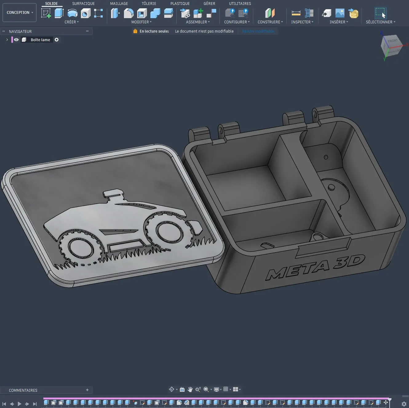 Conception 3D Fusion 360 d'une boîte de rangement pour lames de robot tondeuse avec couvercle