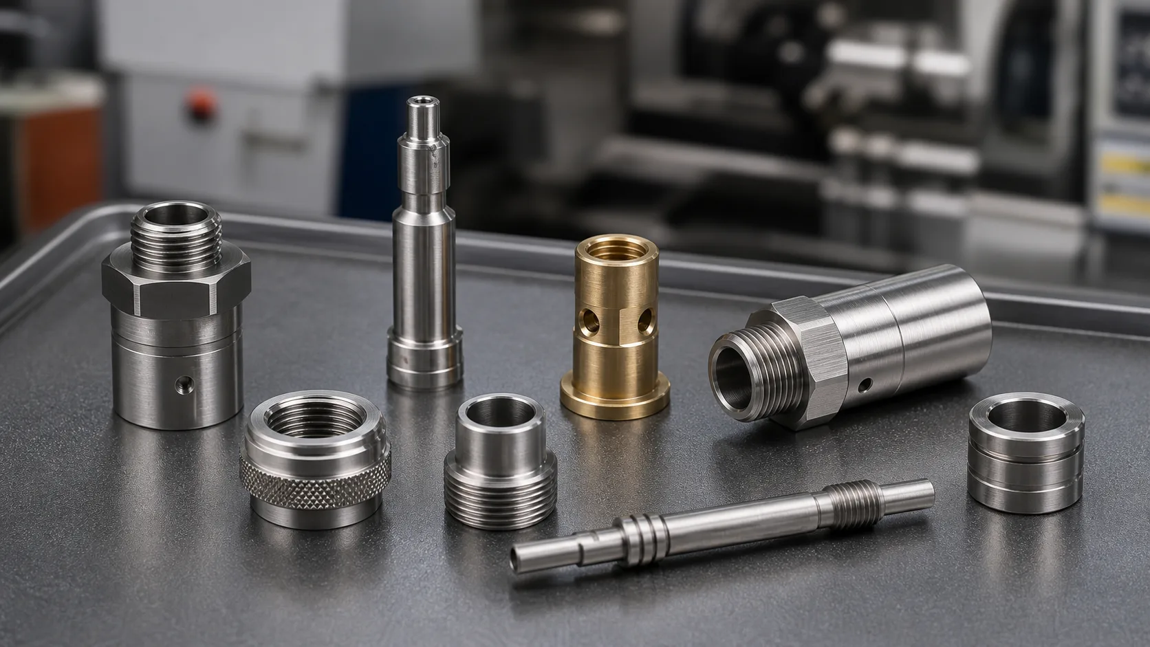 Lot de pièces décolletées en inox et laiton — raccords, axes et bagues — sortis de tour CNC