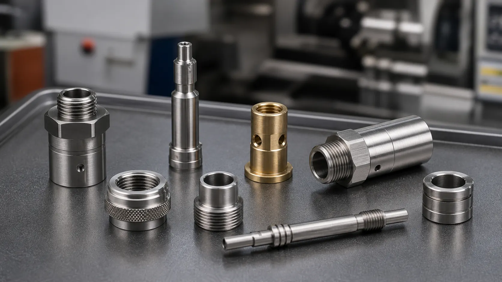 Lot de pièces décolletées en inox et laiton — raccords, axes et bagues — sortis de tour CNC