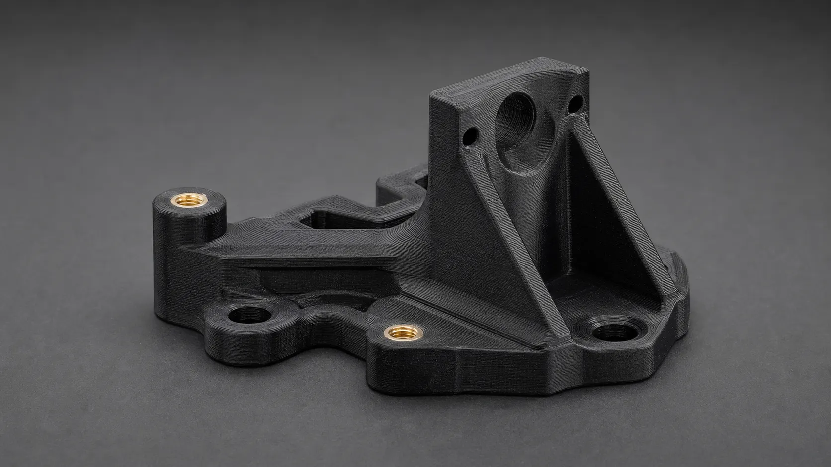 Support technique imprimé 3D à Liège en polyamide chargé carbone avec inserts laiton