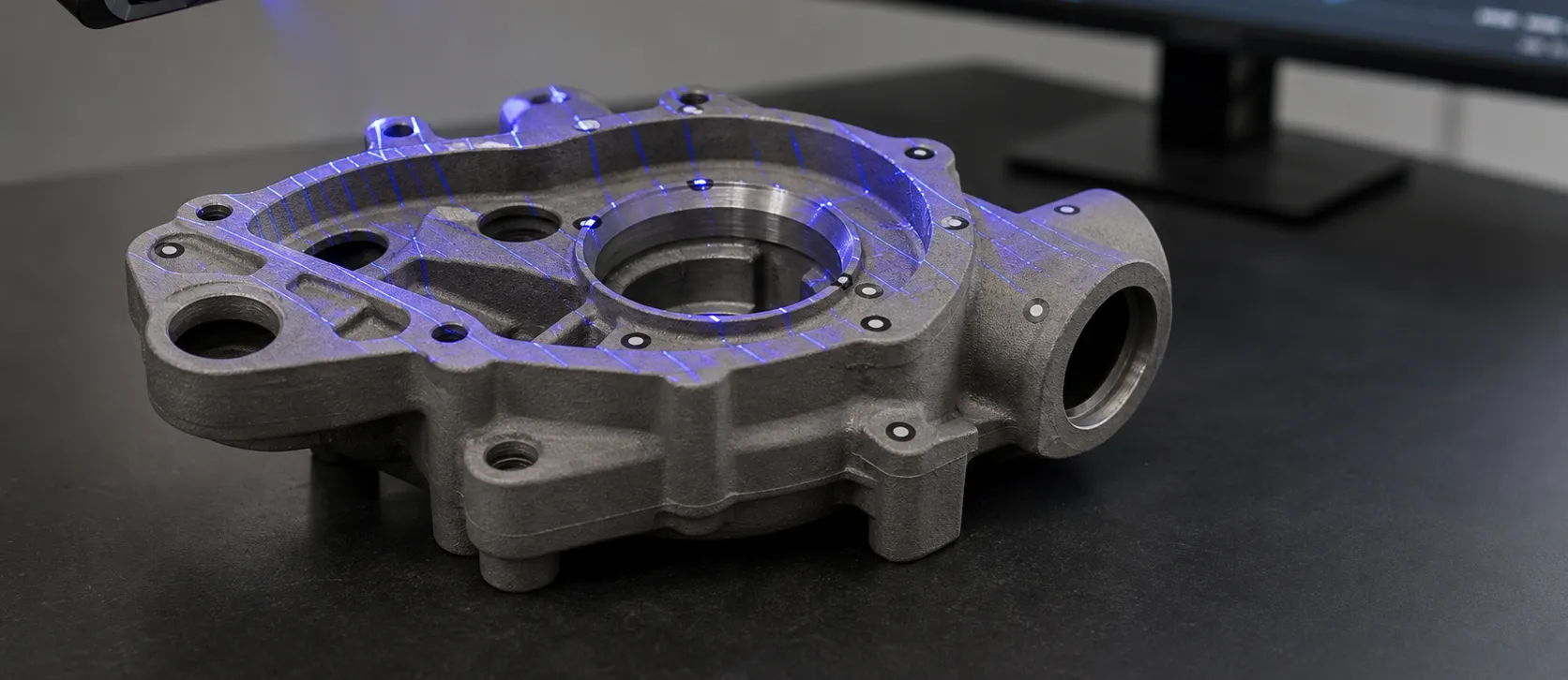 Carter en aluminium numérisé par scanner 3D à lumière bleue structurée pour rétro-ingénierie