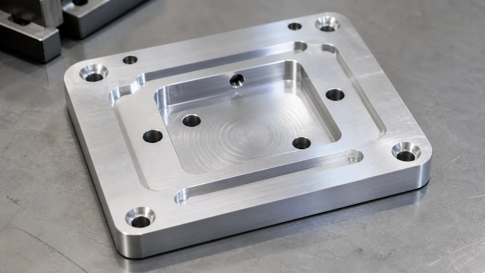 Embase en aluminium usinée CNC à Liège avec poche centrale et perçages de précision